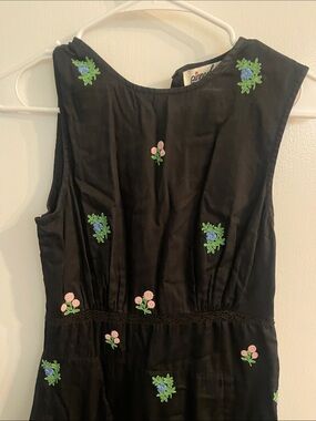 Black  navy Sleeveless Dress with Pink & Blue Floral Embroidery, lace strips